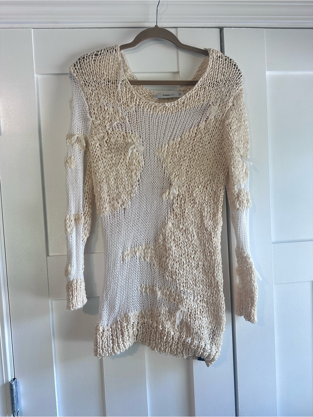 Zara Cream Open-Weave Distressed Crewneck Sweater